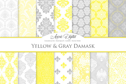 "28 Yellow and Gray Damask Patterns", a Pattern Graphic by Avenie Digital