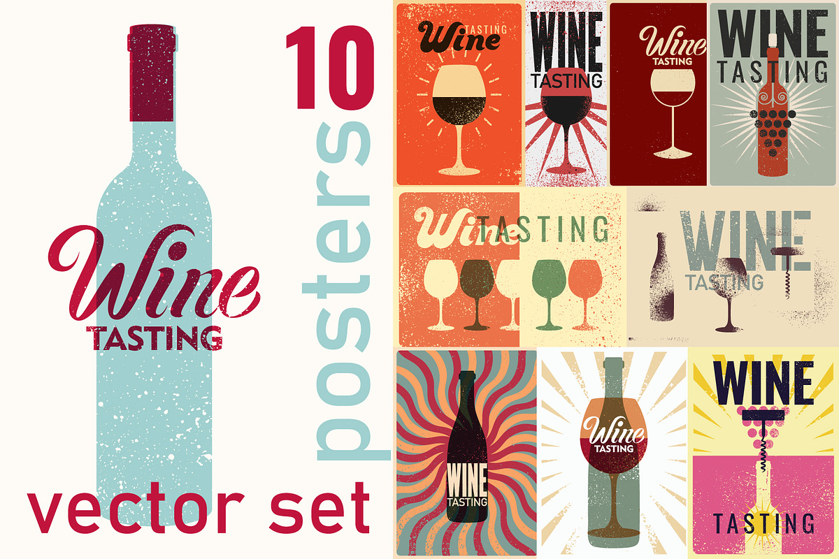 Wine grunge vector poster set., a Food Illustration by PoPaShop (Photo 1 of 11)