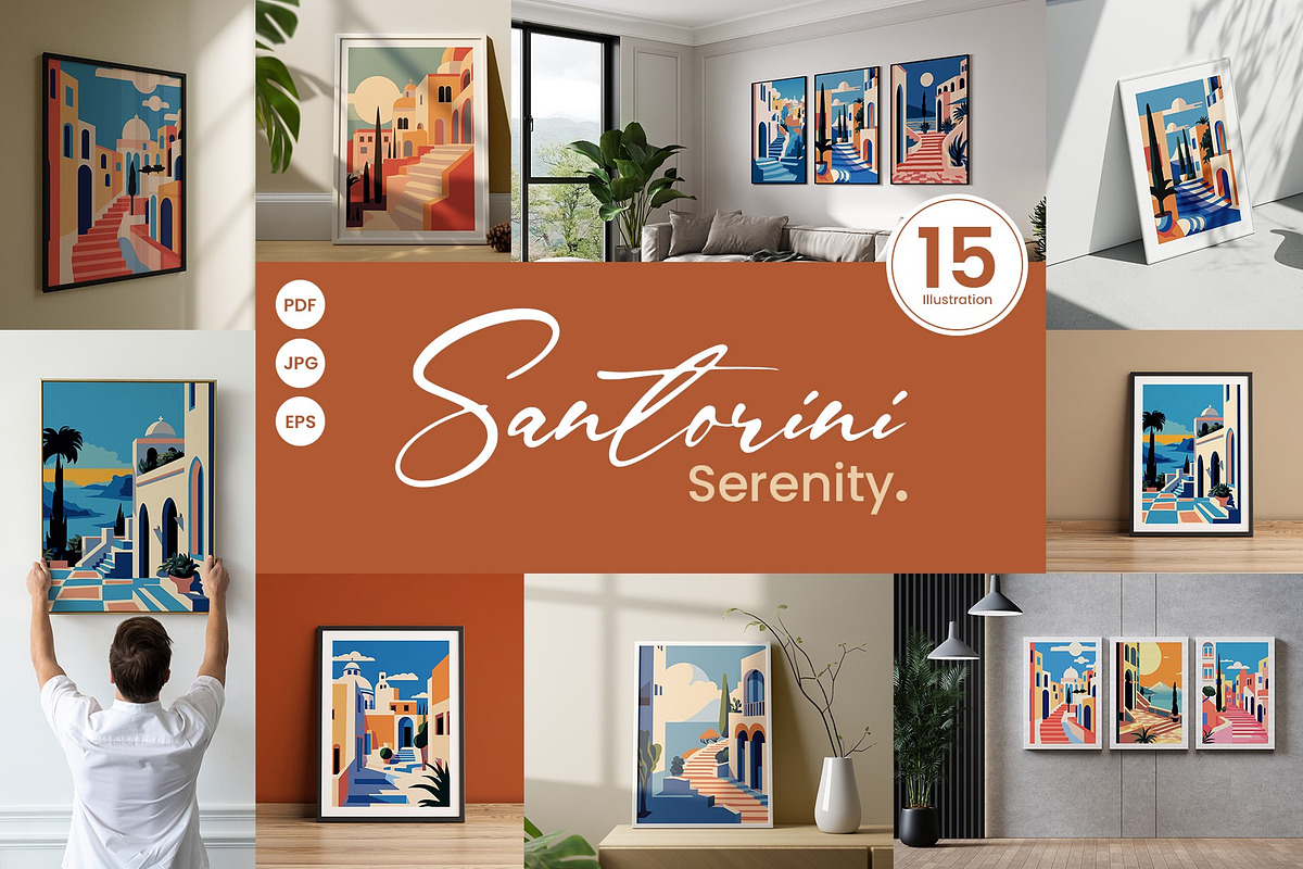 Flat Vector Santorini Serenity Print, a Background Graphic by Vibrand Studio (Photo 1 of 9)