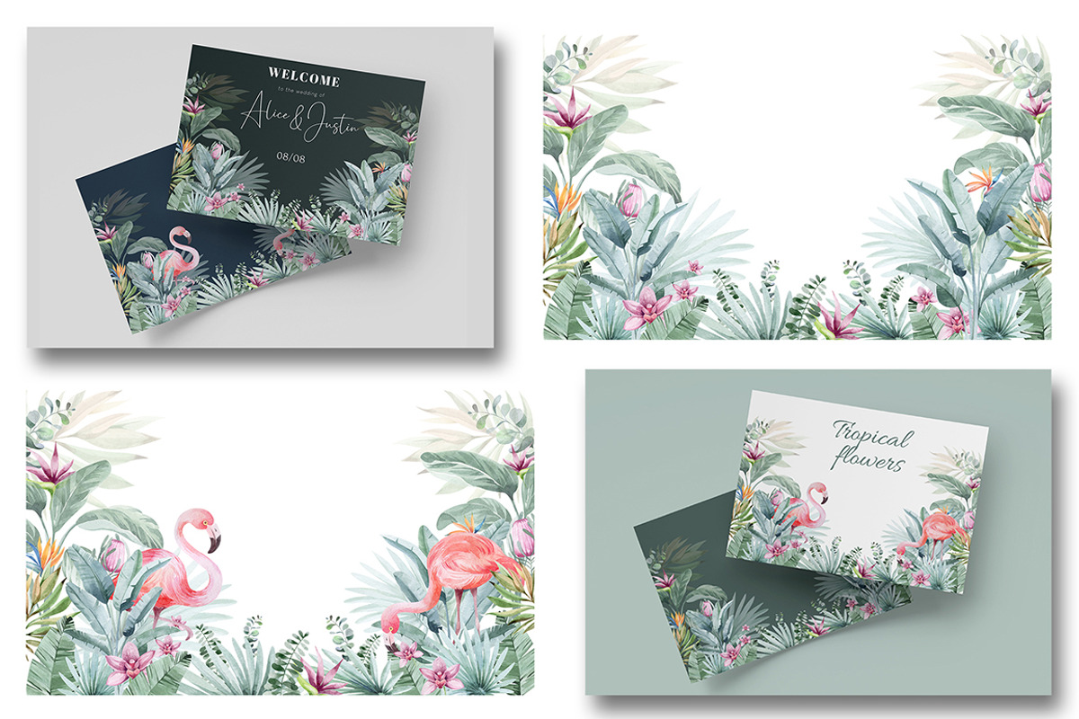 FLAMINGO & FLOWERS  tropical set, a Decorative Illustration by LenArt (Photo 5 of 18)