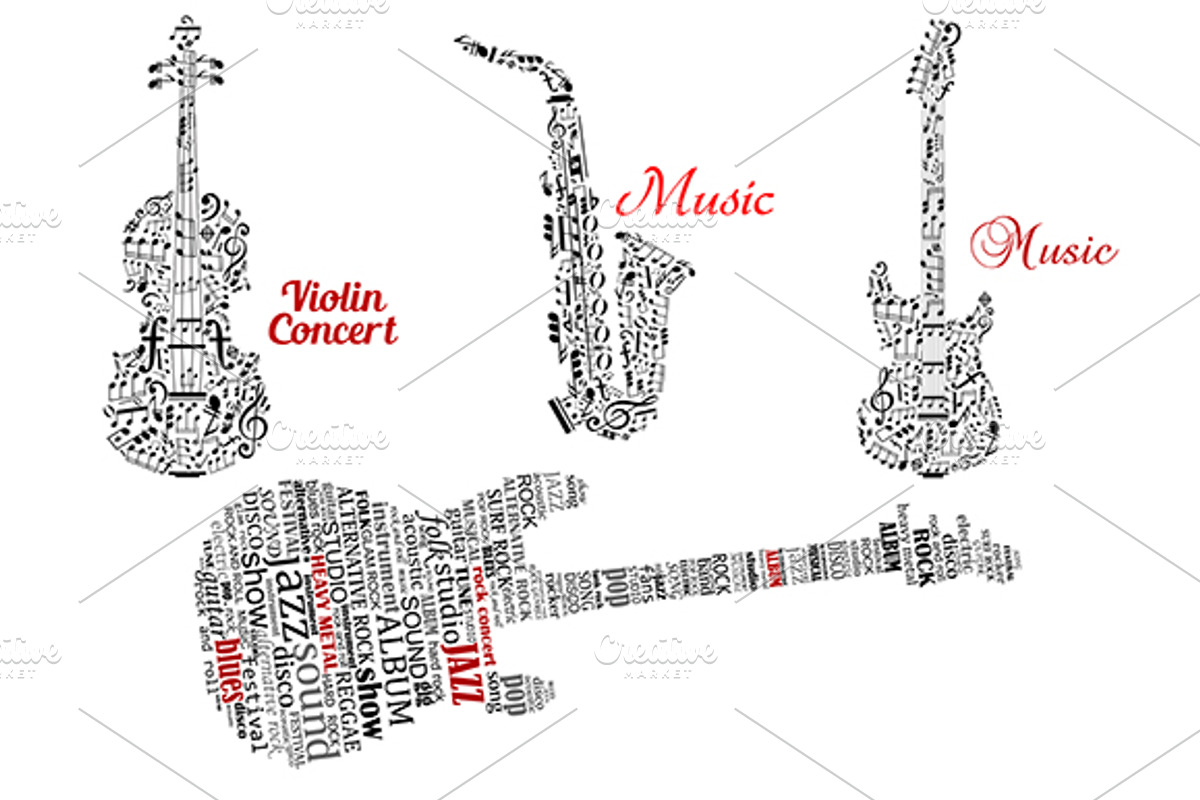 Word clouds and notes in instruments, a Graphic by Vector Tradition