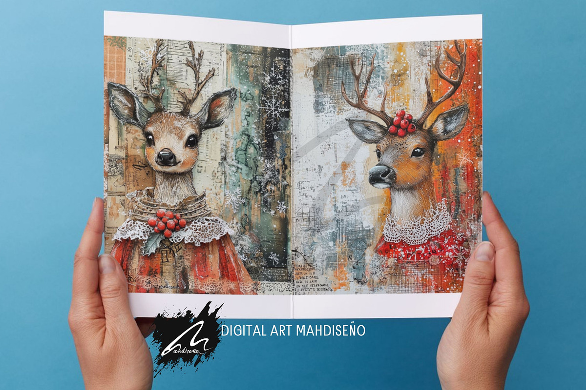 Cute Xmas Deer, Shabby Journal Pages, a Seasonal Illustration by Digital Art Mahdiseño (Photo 10 of 10)