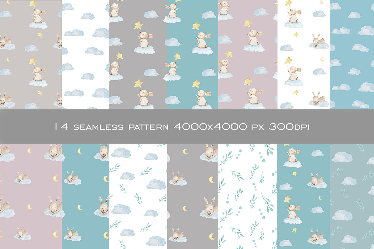 Watercolor cute bunny pattern JPEG, a Pattern Graphic by SleptArt (Photo 3 of 5)