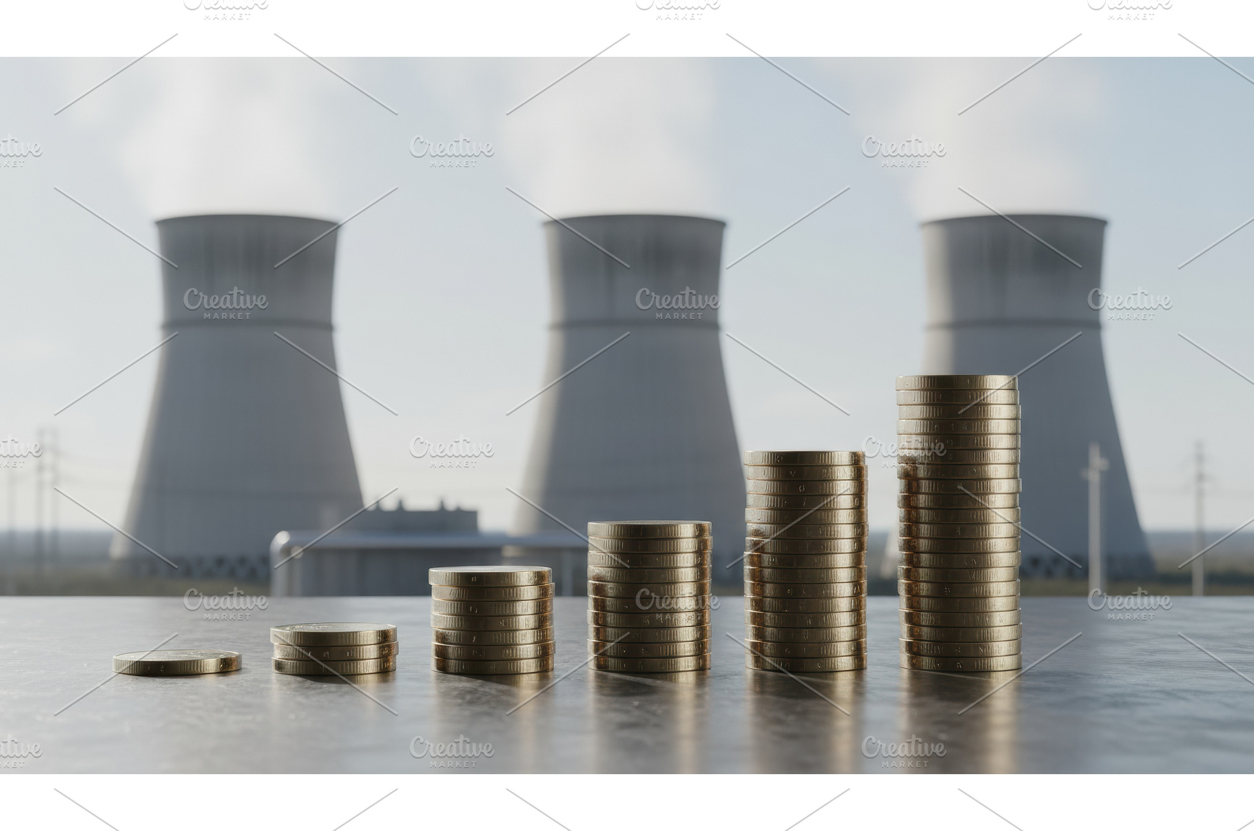 Five ascending stacks of gold coins, a Business Photo by Igor Tichonow