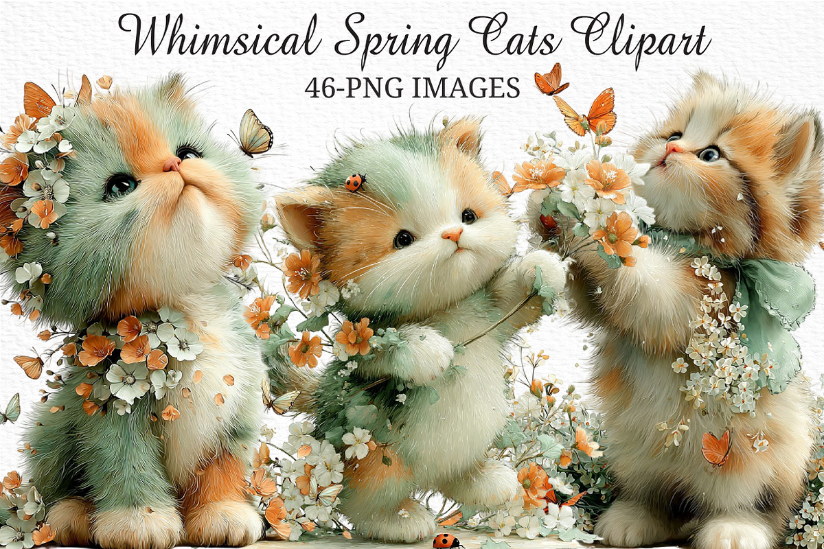 Whimsical Spring Cats Clipart, an Illustration by Craft Nest (Photo 1 of 11)