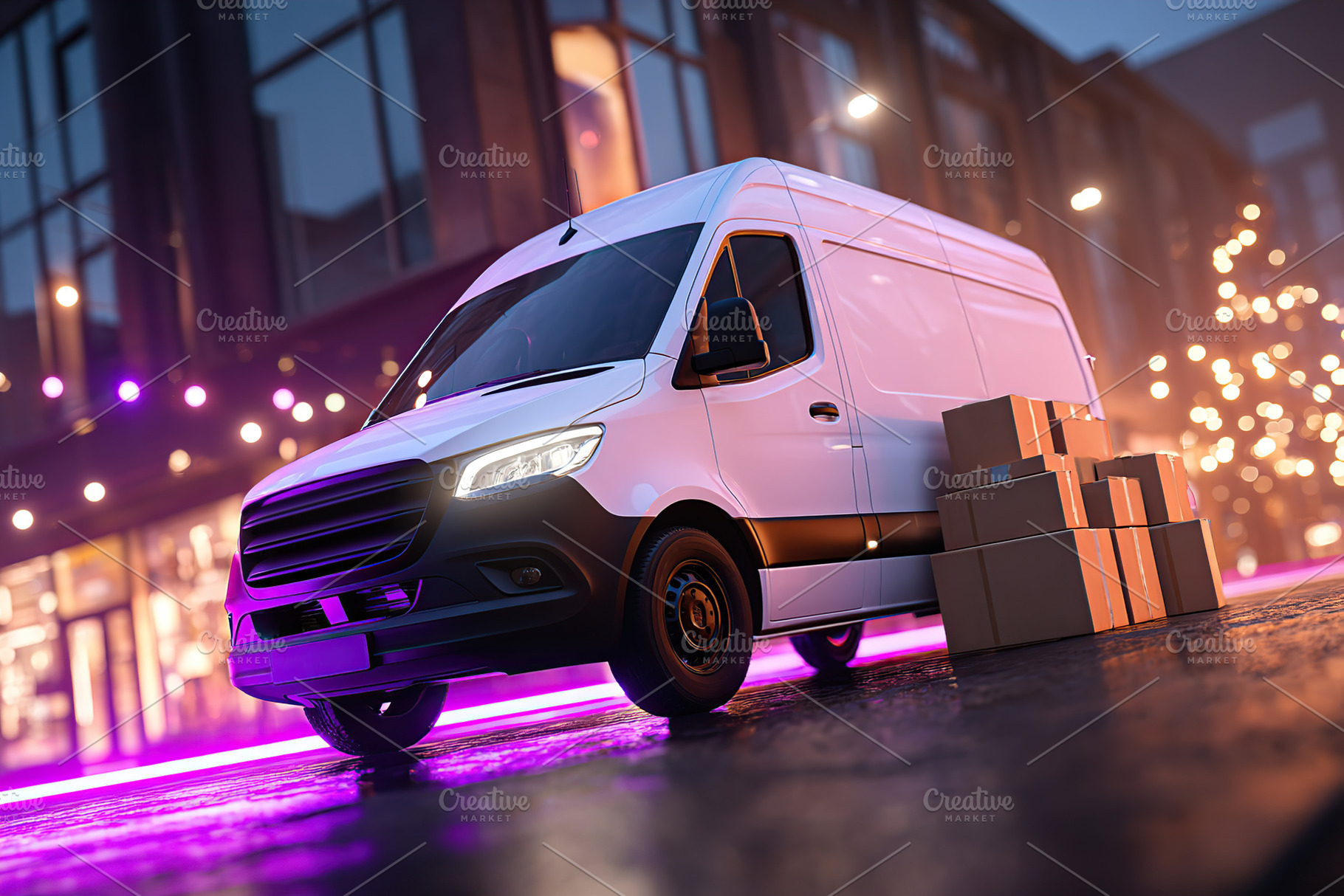 Van unloading packages at night with bright LED-lit branding in an urban settin, a Transportation Photo by AlyaAnd