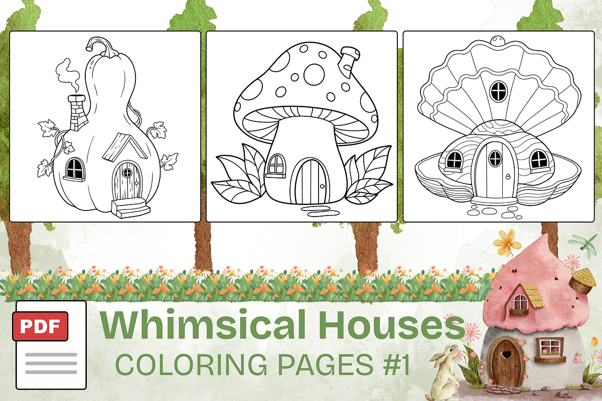 Whimsical Houses Coloring Pages #1, a Decorative Illustration by Inkivelle Studio