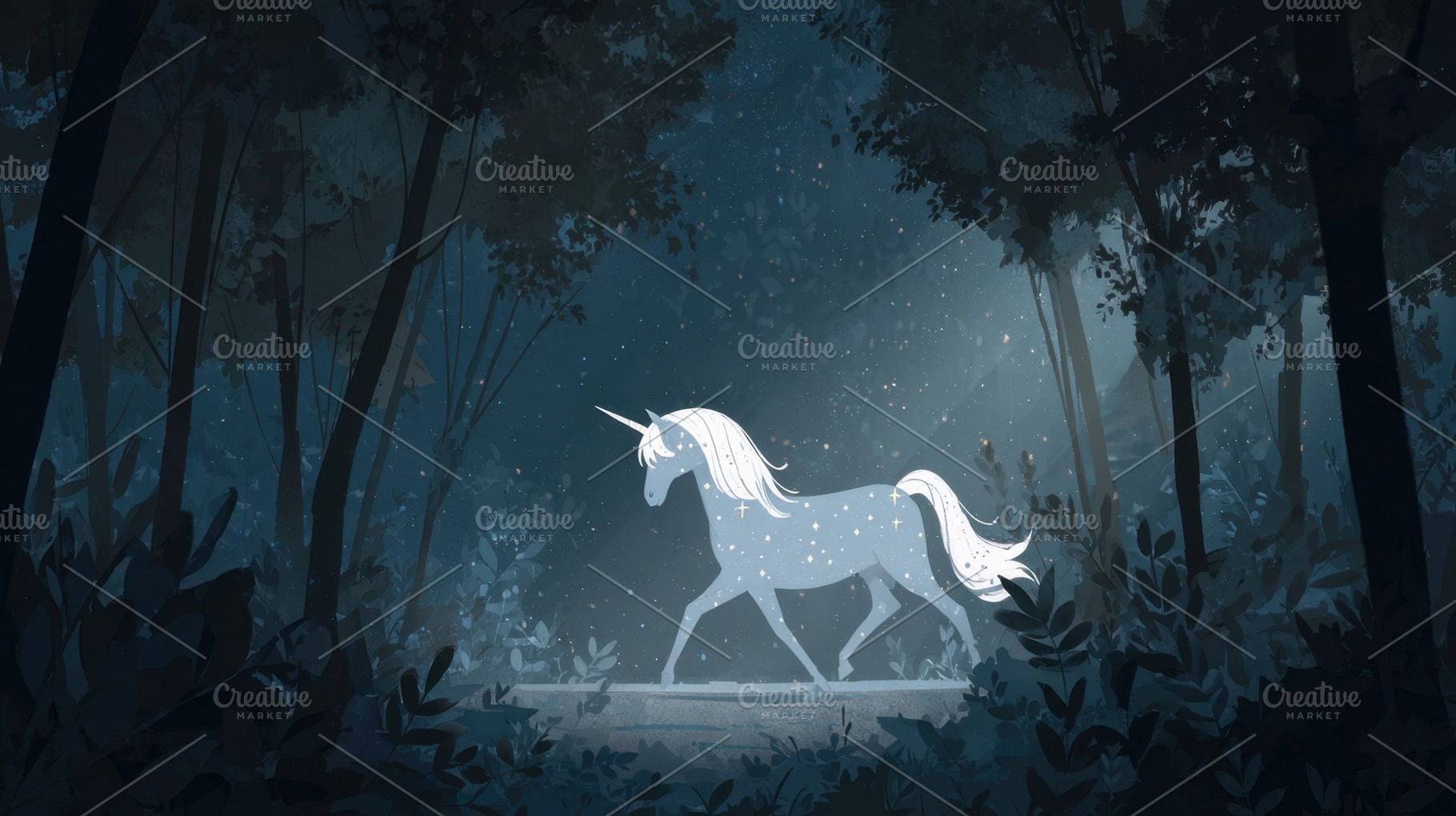 Unicorn walks dark forest, a Photo by Beautiful things