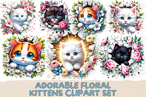 Adorable Floral Kittens Clipart Set