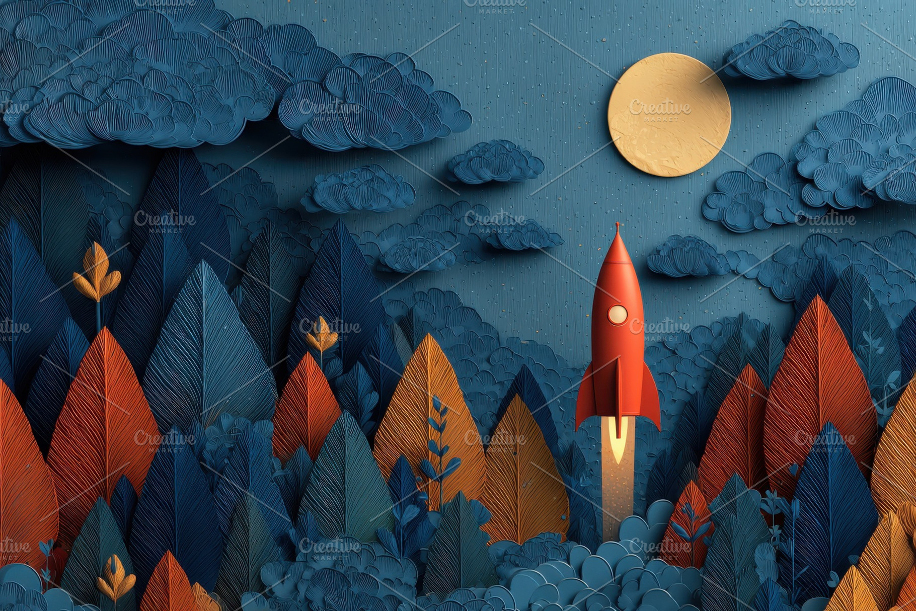 Red rocket launching from blue orang, a Photo by Pixeness Studio