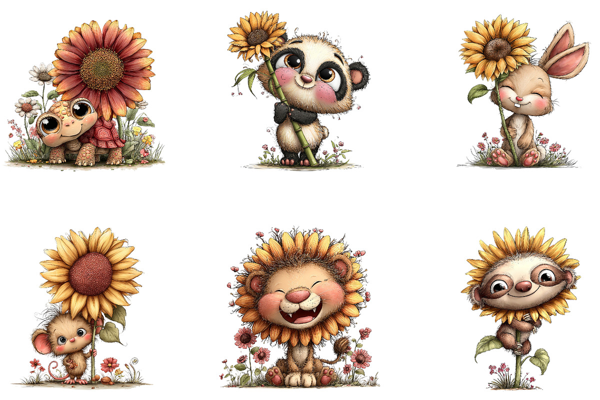 Summer Funny Sunflower Animals, a Seasonal Illustration by CreationArt (Photo 3 of 5)
