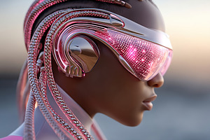 Futuristic character showcasing advanced technology at sunset on a coastal land, a Beauty & Fashion Photo by AlyaAnd