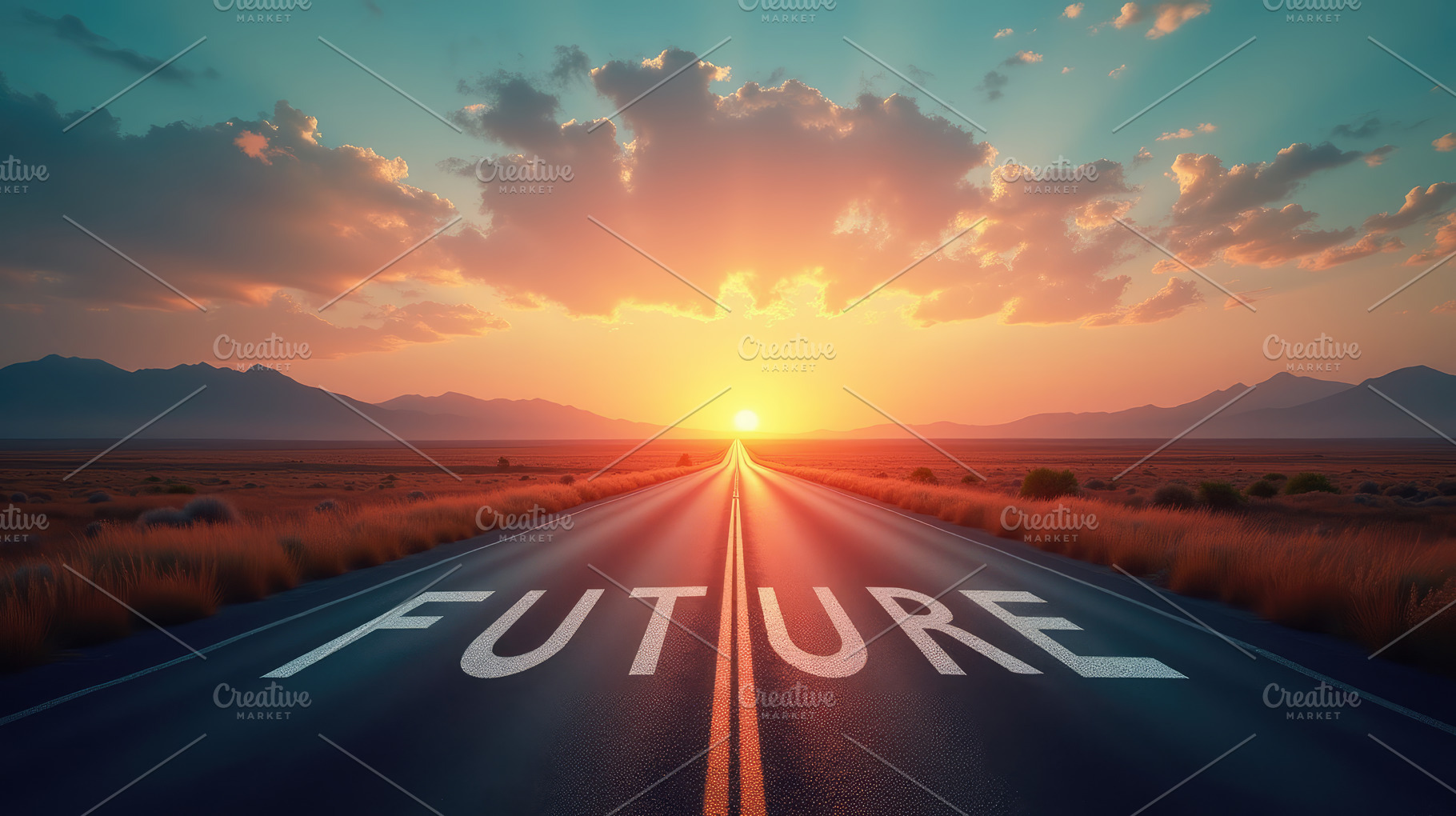 Road at dawn with the word FUTURE, a Transportation Photo by Perpis