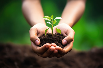 Woman holding green seedling in soil, a Nature Photo by AlyaAnd