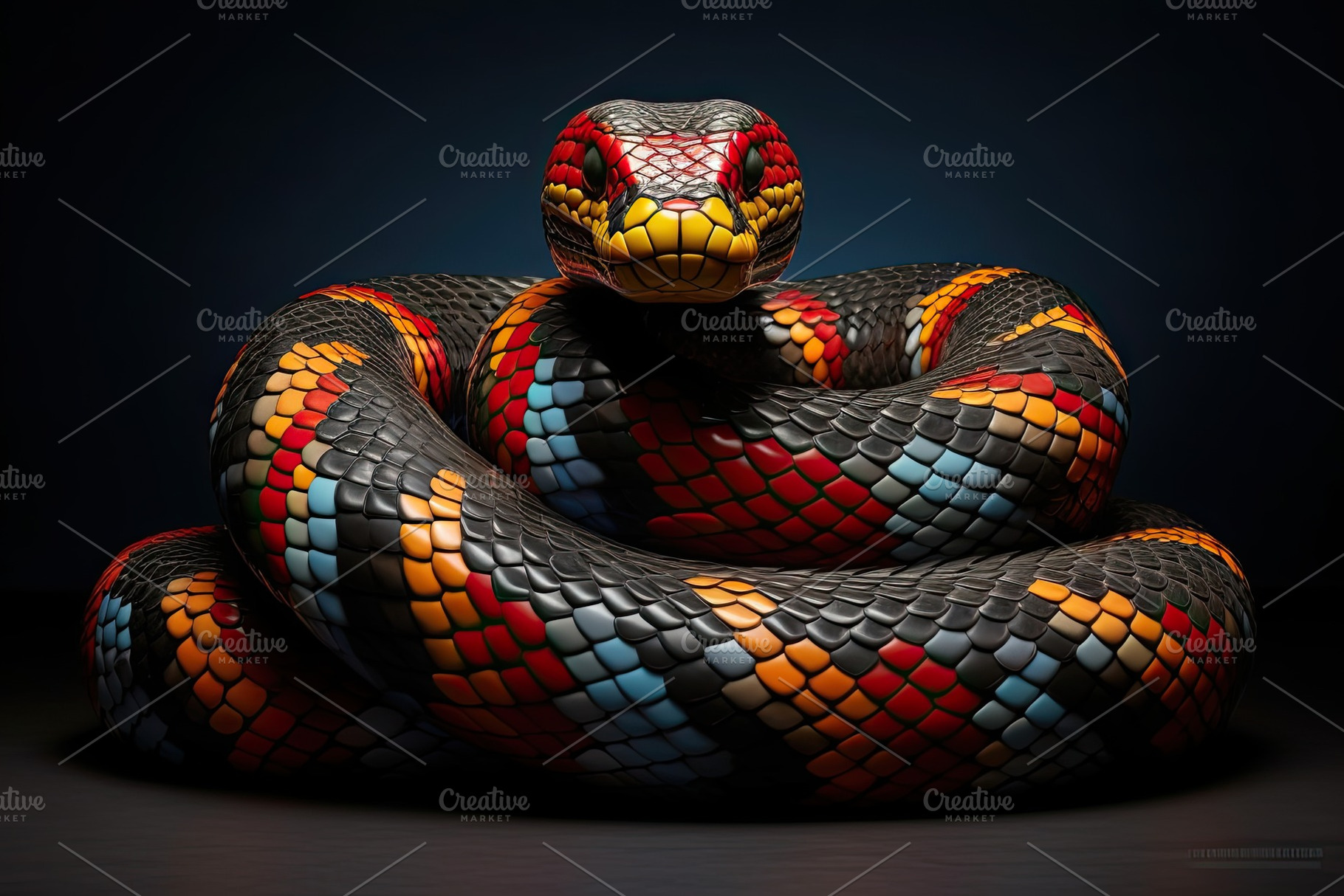 A multi-colored coral snake with large head on a black background, an Animal Photo by zakiroff