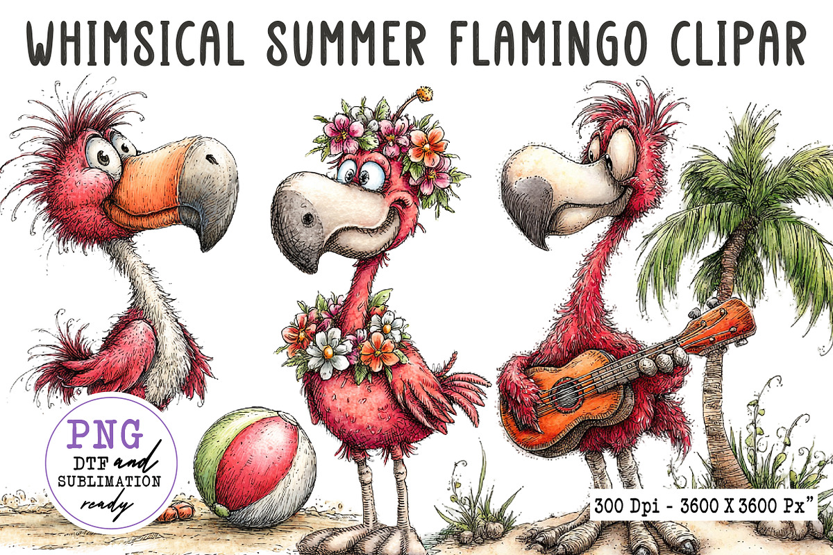 Whimsical Summer Flamingo Clipart, an Illustration by CreationArt (Photo 1 of 7)
