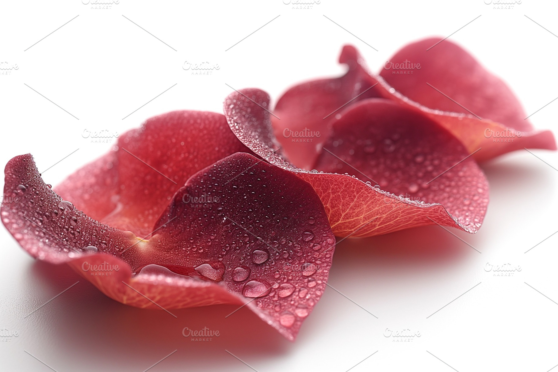 Delicate red rose petals glistening with water droplets, arranged elegantly on, a Background Photo by ImageMir