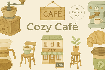 Cozy Café Watercolor Illustration Se