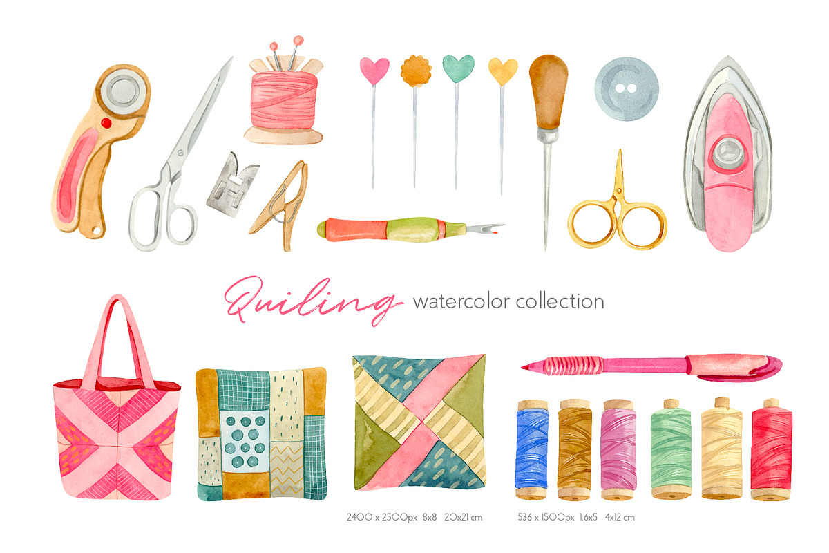 Quilting and Patchwork Clipart, an Illustration by Julia M. Watercolor (Photo 4 of 7)