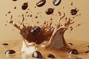 Coffee beans splashing into creamy b, a Food & Drink Photo by Pixeness Studio
