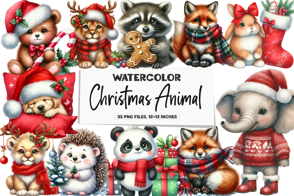 Christmas Animal Watercolor Clipart, an Illustration by DreamArtGraphic (Photo 1 of 5)