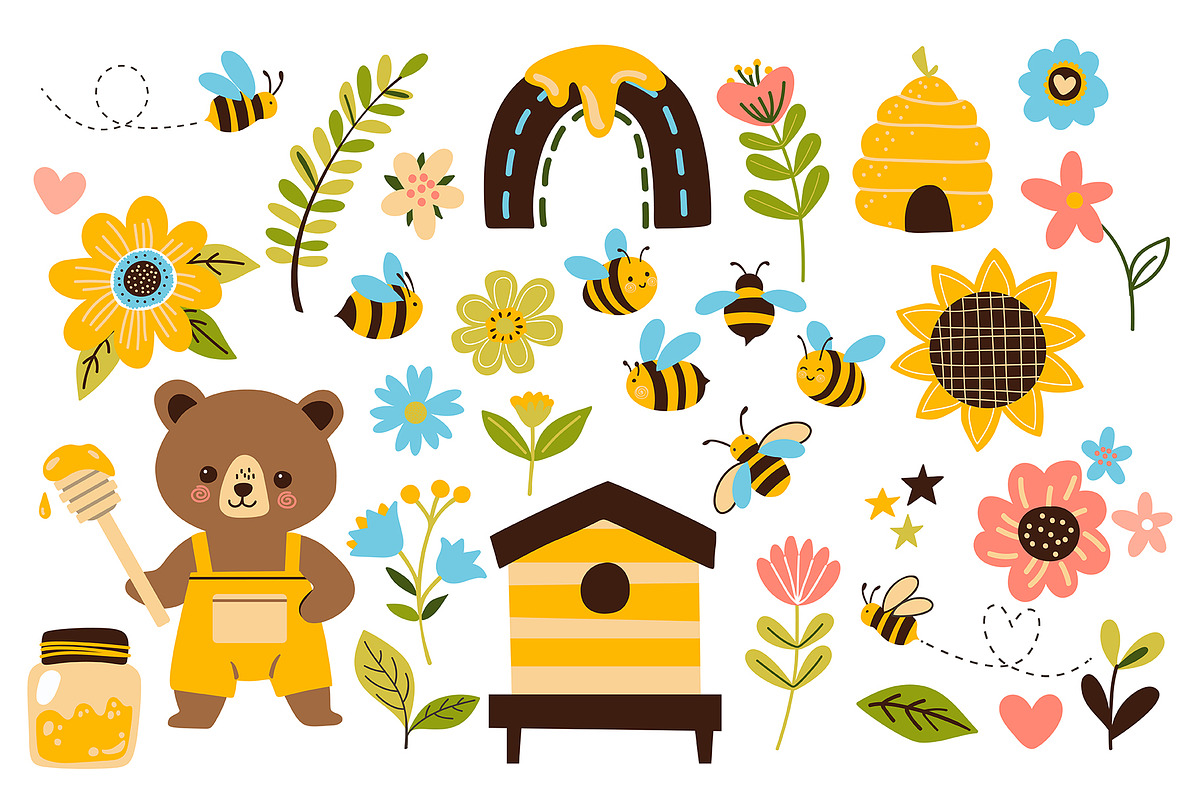 Bees, Honey Cartoon Vector Set, an Object Illustration by Elena Dorosh (Photo 4 of 14)