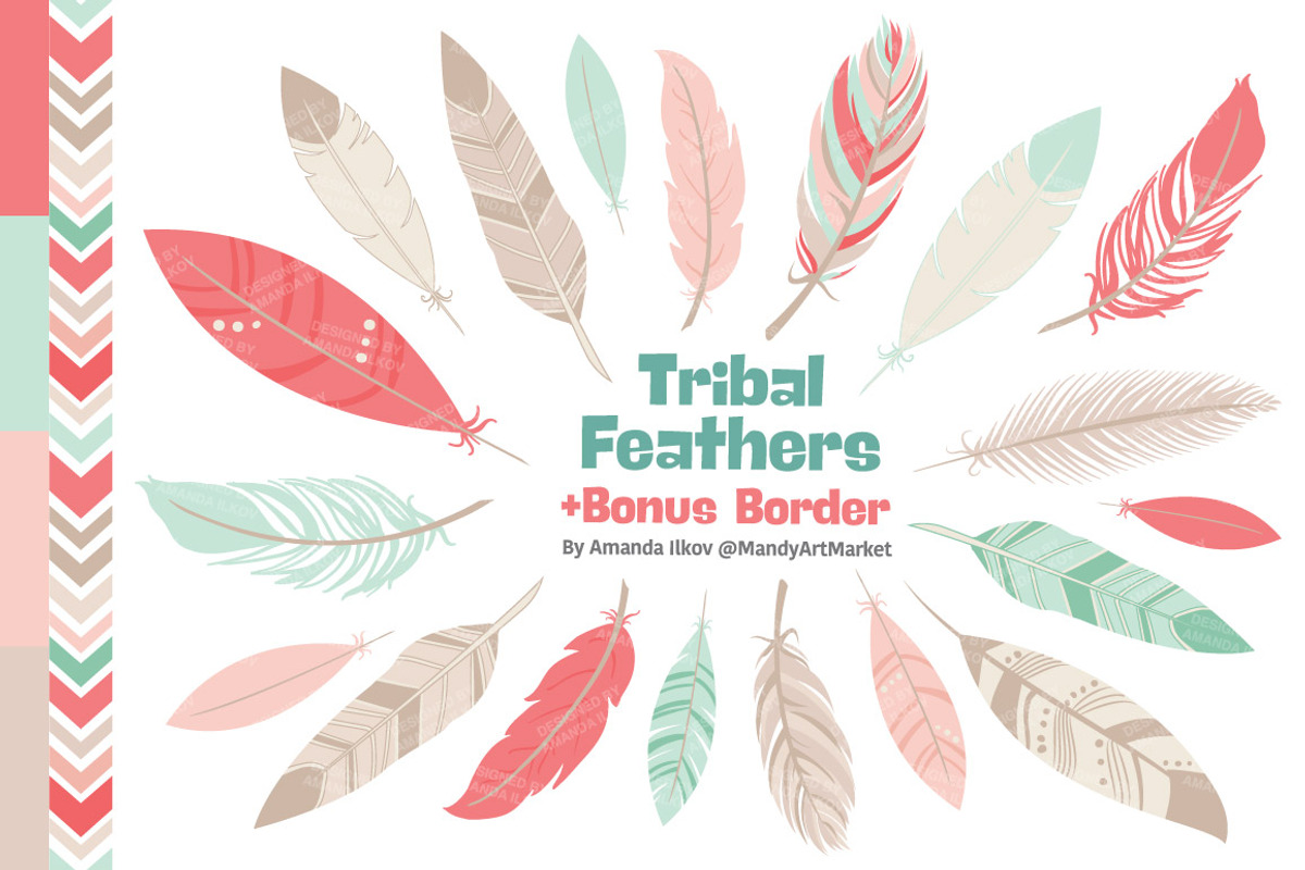 Mint & Coral Feathers Clipart, an Illustration by Amanda Ilkov (Photo 1 of 4)