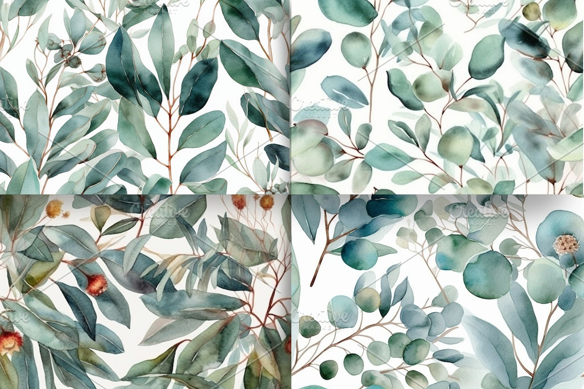 8 Eucalyptus Seamless Pattern PNG Se, an Illustration by Jalina Clipart Studio (Photo 3 of 6)
