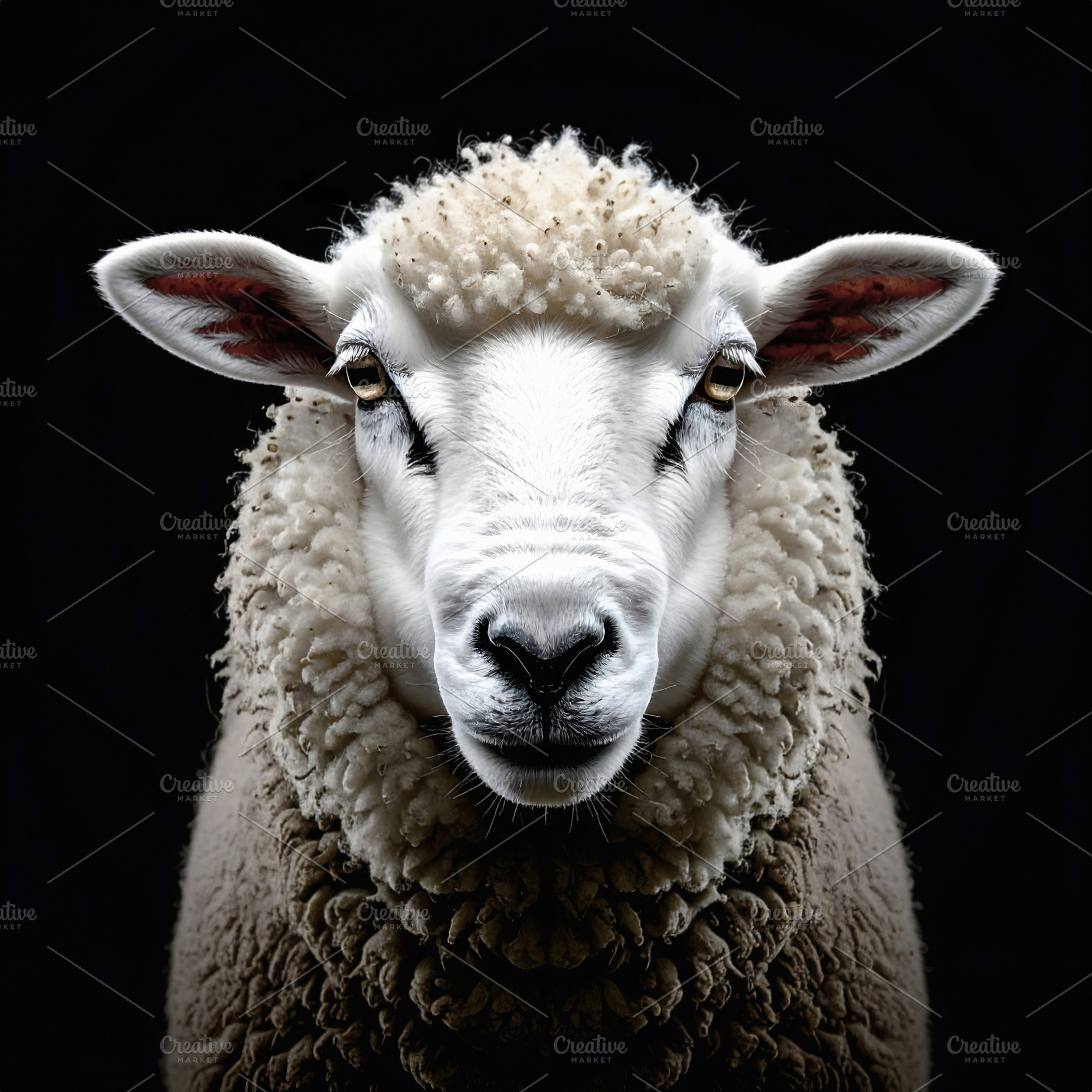 White sheep portrait with curly wool against dark background, an Animal Photo by GoodGoods