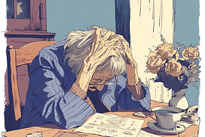 Worried elderly woman reviewing paperwork at a table with floral vase and cup, a Photo by AS photostudio