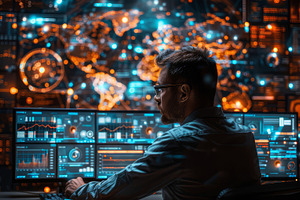 Data Scientist Analyzes Big Data on Advanced Interface in Futuristic Setting, a Photo by AS photostudio