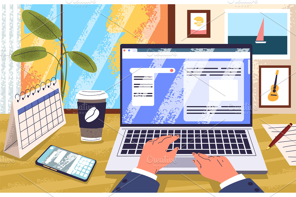 Laptop work desk. Hands typing on, a Technology Illustration by Stock-Smart-Start