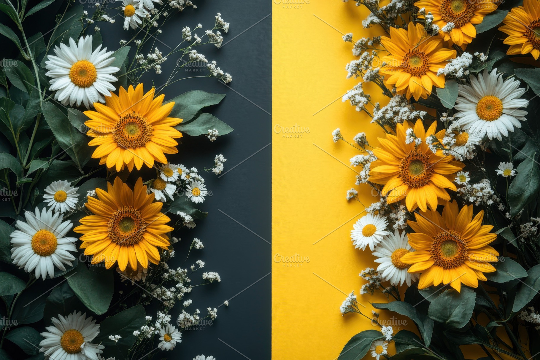 Sunflowers daisies yellow black back, a Photo by Pixeness Studio