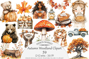 Watercolor Autumn Woodland Clipart, a Seasonal Illustration by Design Market