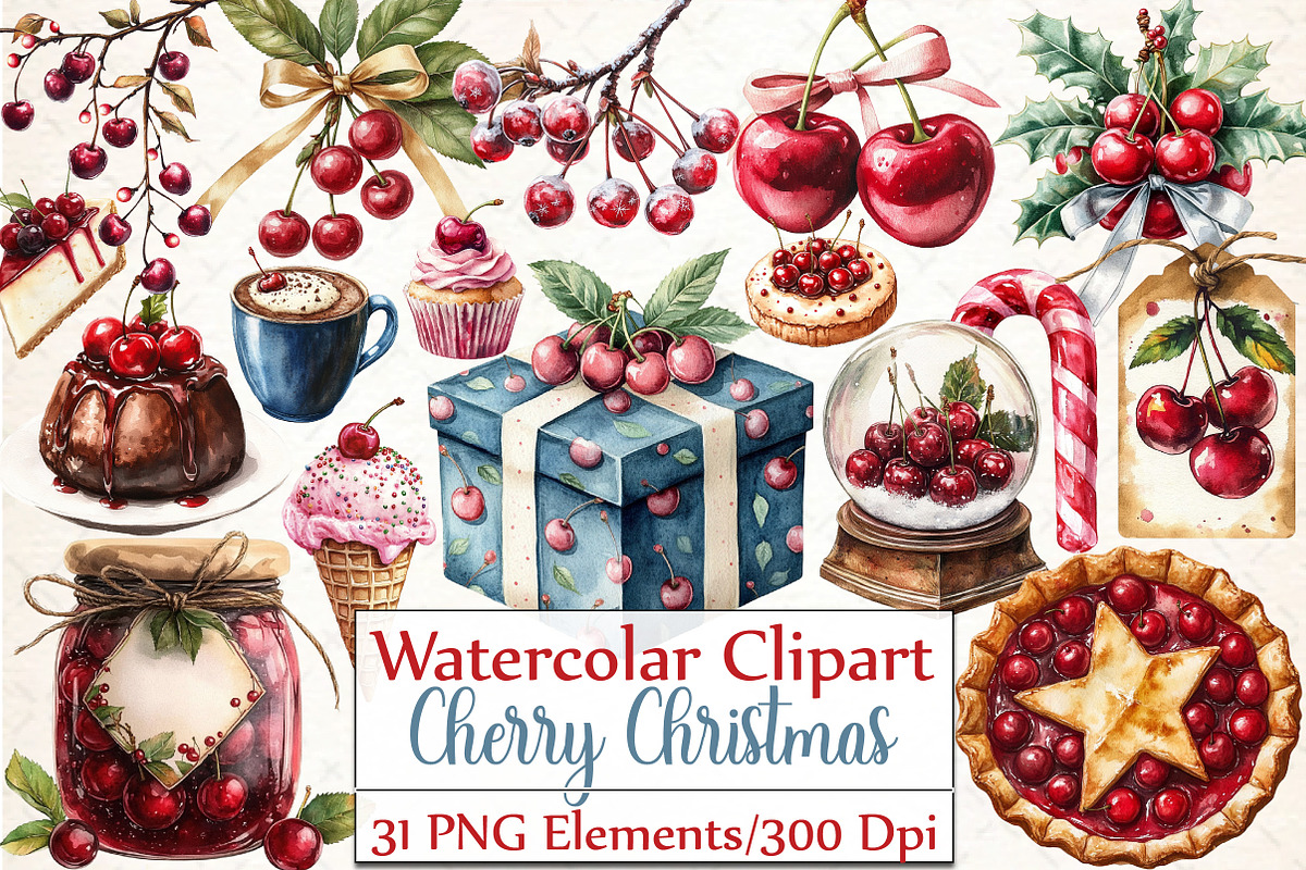 Midnight Cherry Christmas Clipart, an Illustration by DreamCafeArt (Photo 1 of 5)