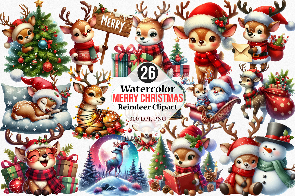 Watercolor Merry Christmas Reindeer, an Illustration by Canvas Craft (Photo 1 of 7)