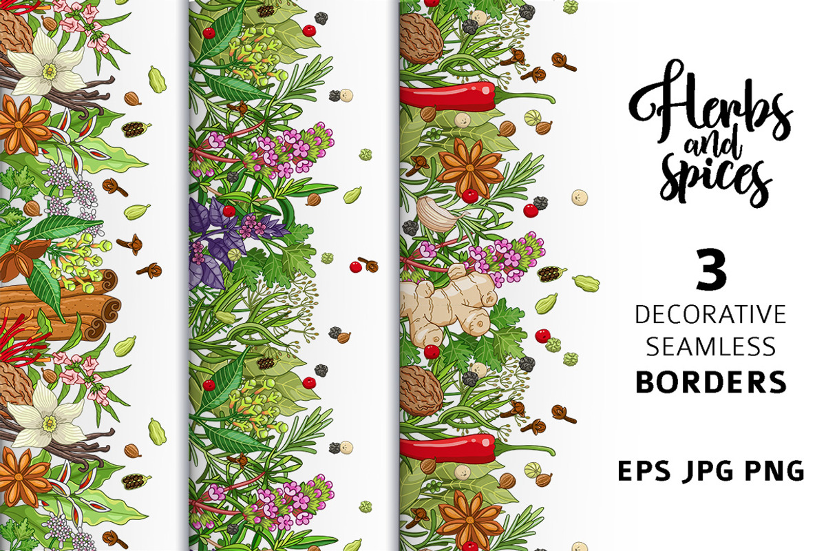 3 spices and herbs seamless borders, a Food Illustration by Primula`s shop