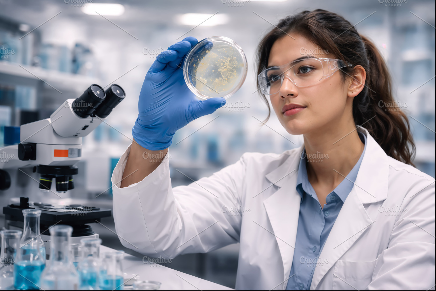 Scientist analyzing a Petri dish wit, a Health & Medical Photo by angellodeco
