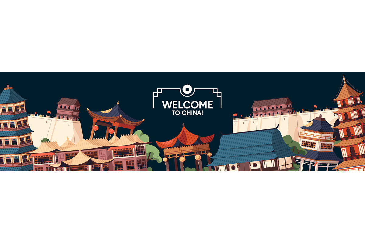 Chinese buildings set + banner, a Decorative Illustration by PaperTrident (Photo 12 of 12)