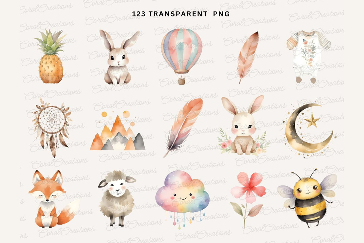Boho Baby watercolor Clipart PNG, an Animal Illustration by Coral Beauty (Photo 2 of 9)