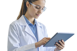 Teenage girl in a lab coat holding a laptop, a Person Photo by DanFLCreativo