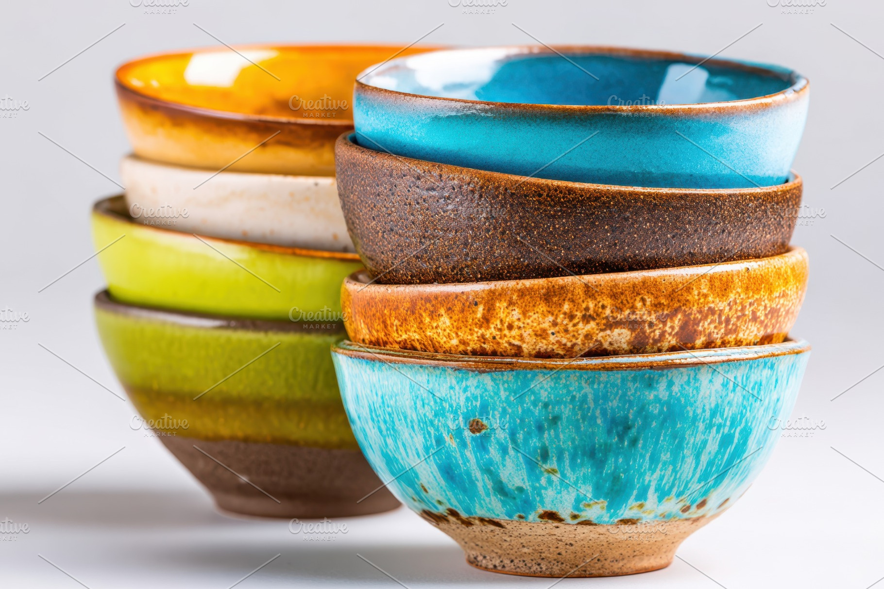 Stacked colorful ceramic bowls on white background, a Food & Drink Photo by AlyaAnd