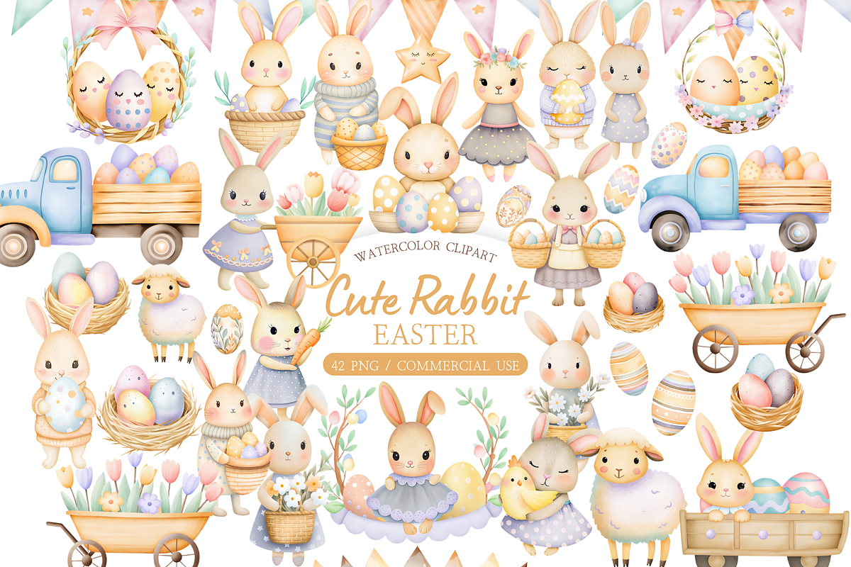 Watercolor Easter Bunny Clipart, an Illustration by MockupWizard (Photo 1 of 5)