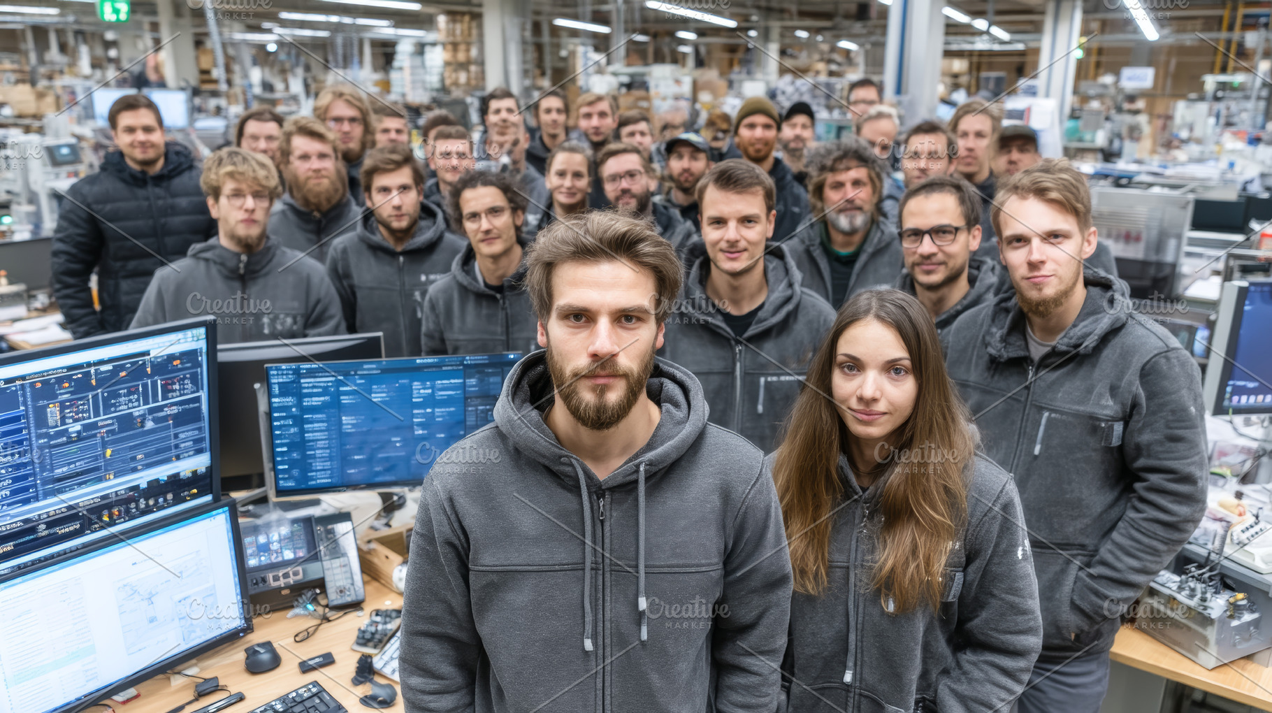 Large group portrait in a modern industrial workspace with computer monitors, an Industrial Photo by AS photostudio
