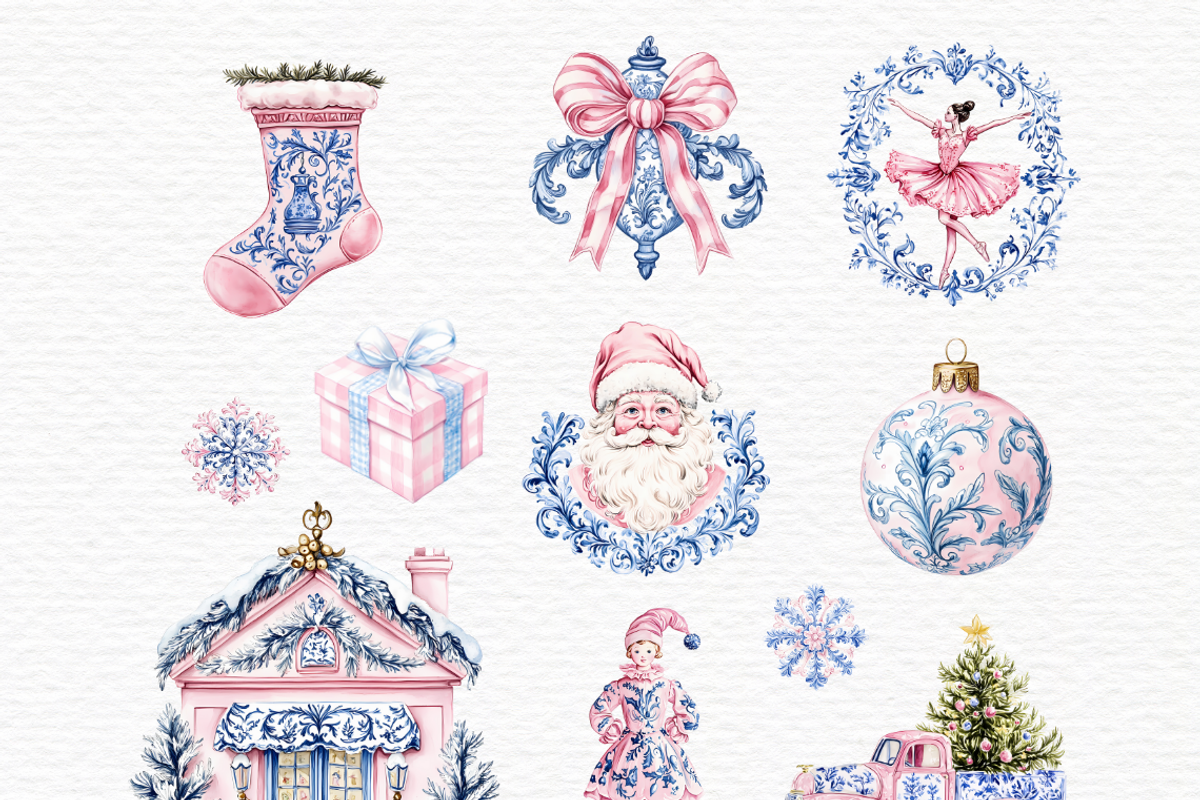 Christmas blue and pink toile, a Seasonal Illustration by Invite to Clipart (Photo 3 of 6)