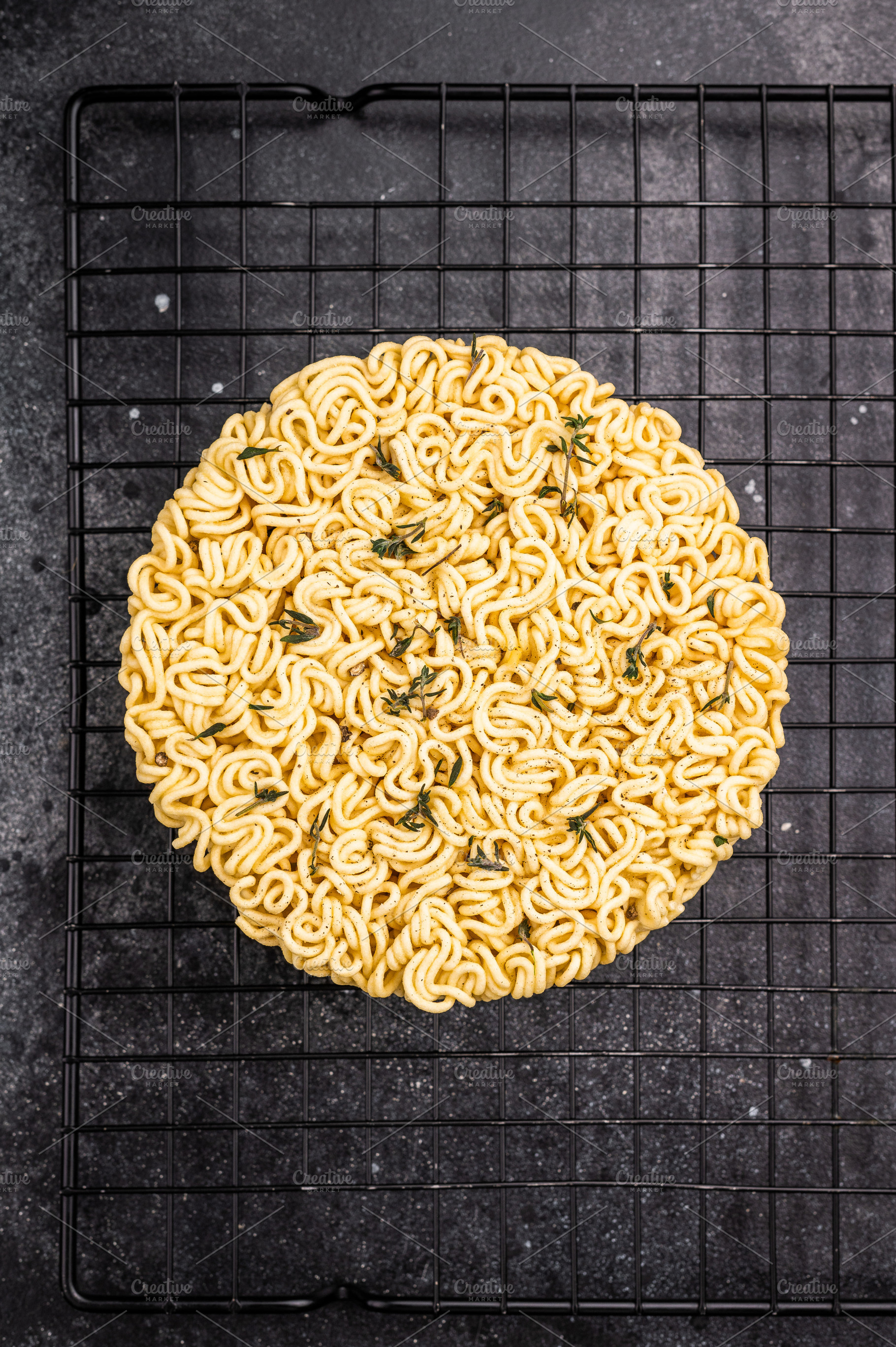 Raw instant ramen noodles, perfectly twisted and ready to be boi, a Food & Drink Photo by composter-box@mail.ru