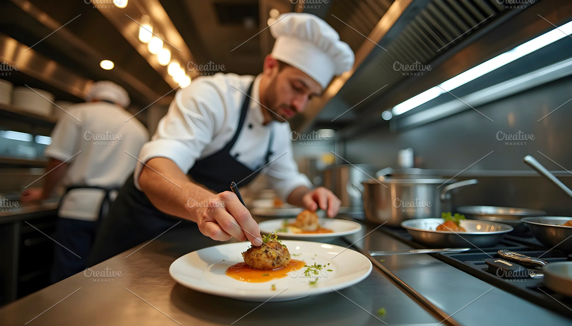 Chef Preparing Gourmet Dish In Resta, a Photo by LOGOCREATIVE