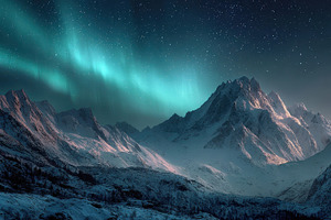 Aurora Borealis over Snowy Mountains, a Photo by Pixeness Studio