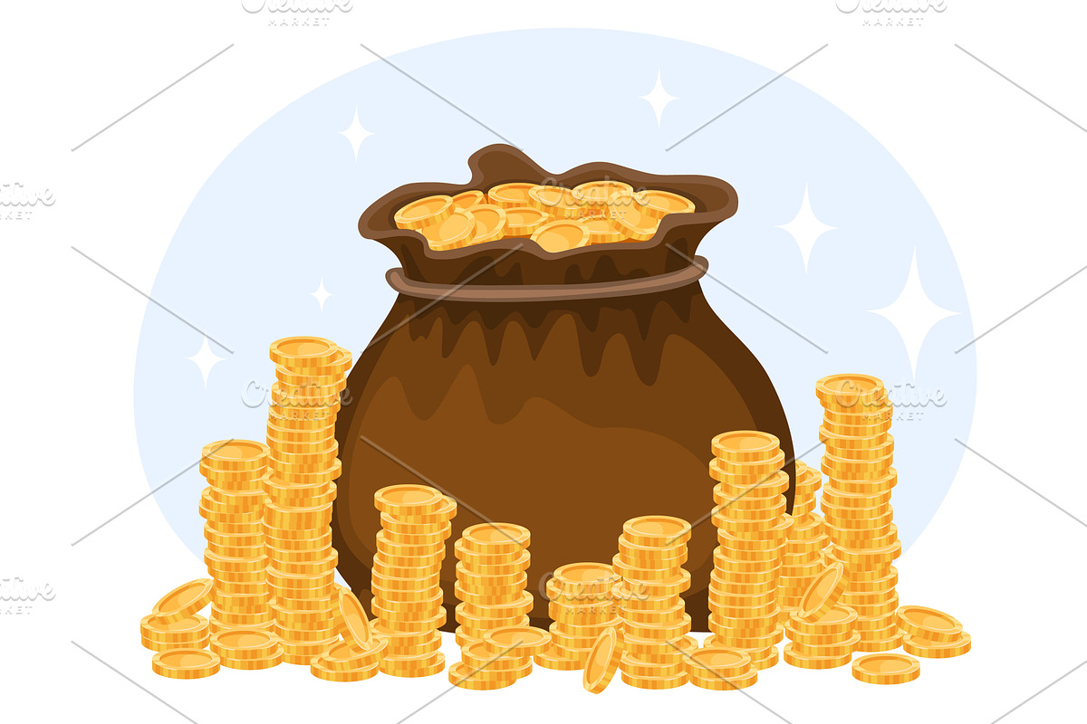 Gold coins in large sack and stacked, a Finance Illustration by Vectorbuum