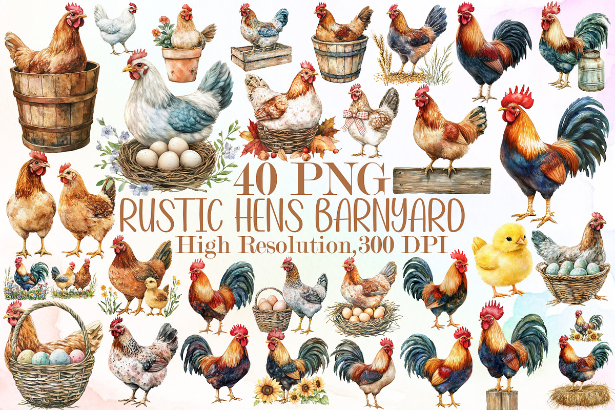 Watercolor Rustic Hens Barnyard Bird, an Illustration by Sublimation Artist (Photo 1 of 6)